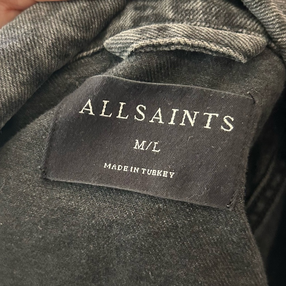 All Saints Anders Leo Mixed Media Cropped Denim Jacket in Washed Black Sz M/L - Picture 9 of 10